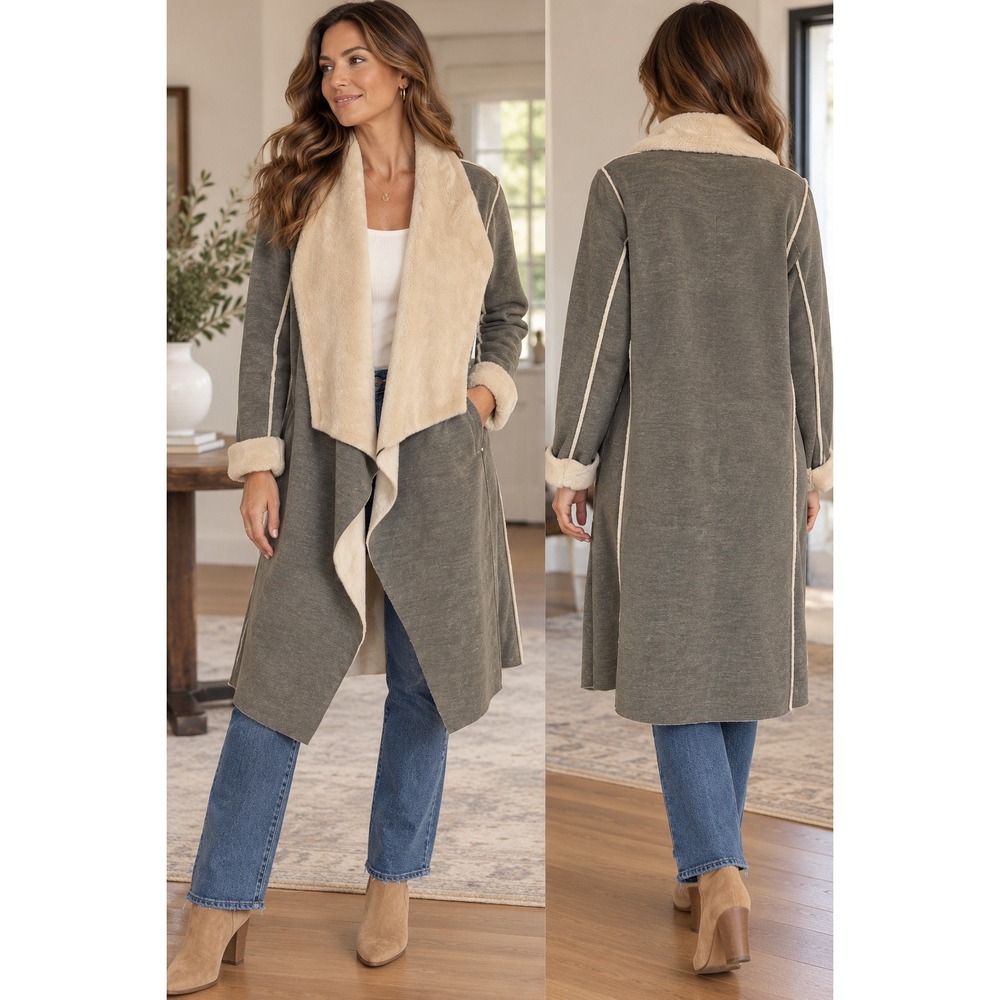 Amadi Anthropologie L Olive Gray Faux Fur Lined Open Front Longline Jacket Coat